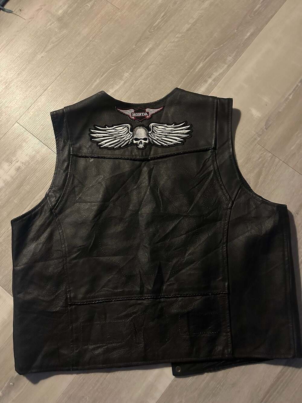 Genuine Leather Men's Biker Vest with Skull, Honda, and Lone Wolf No Club Patche